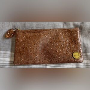 LONDON SOHO Tan Ostrich Wallet/makeup bag with Bronze Nugget Pull zipper NEW
